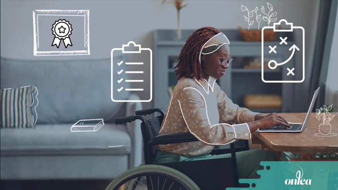 Image of a young woman in a wheelchair within a home office setting. Icons of clipboards are overlaid on the image. A badge icon is shown within a frame in the home office setting.