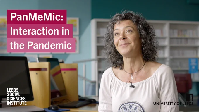 Photograph of Elisabetta Adami and the title PanMeMic: Interaction in the pandemic.  University of Leeds logo and the Leeds Social Sciences Institute Logo.