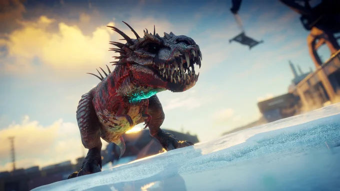A Rex with a big scar on the left side of its face stands on frozen water in a harbor.