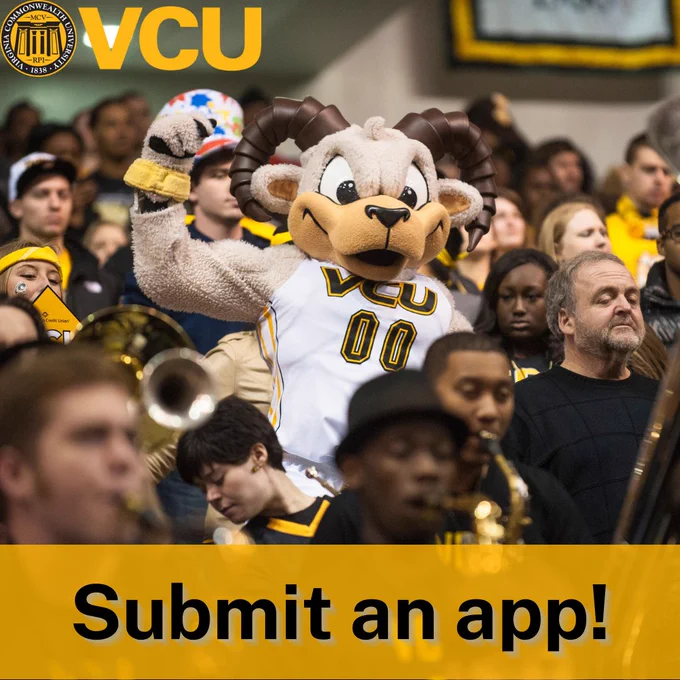 Infographic with a crowd of students at an event, VCU mascot Rodney Ram in the center. VCU logo on the top, text on the bottom reads "Submit an app!"