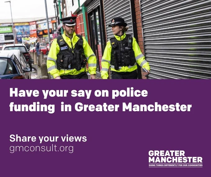 picture of two police officers with text reading. Have your say on police finding in Greater Manchester. Share your views, gmconsult.org