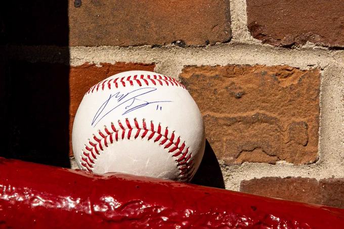 A ball signed by Boston Red Sox third baseman Rafael Devers at Fenway Park.