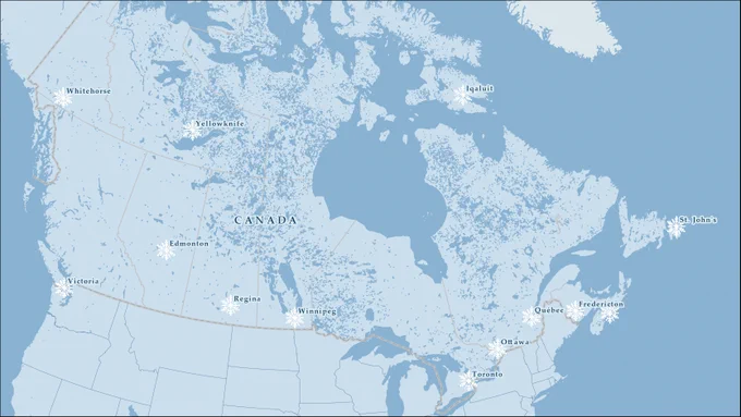 The basemap of Canada has been turned a pale blue colour, with buildings symbolized in white and roads and borders symbolized in various shades of cool blue. Highways, road networks, and major cities are symbolized with snowflakes to add to the wintery theme. 