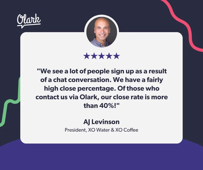 Graphic of testimonial from AJ Levinson of XO Water - "We see a lot of people sign up as a result of a chat conversation. We have a fairly high close percentage. Of those who contact us via Olark, our close rate is more than 40%!" 

