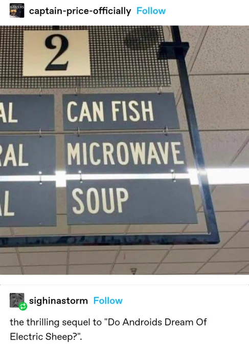 A screenshot of a Tumblr post. The top is a photograph of a supermarkets aisle sign listing three items. It reads Can Fish Microwave Soup. Beneath it is the written caption "the thrilling sequel to Do Androids Dream Of Electric Sheep"