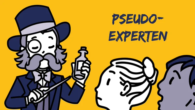 Ein Mann mit Zylinder und Schnauzbart (Snake Oil Salesman) deutet mit einem Stab auf ein onminöses Fläschchen. Zwei Personen schauen teils skeptisch, teils überrascht dabei zu.
Illustration von Dr. Sophie Elschner (@SophieElschner)