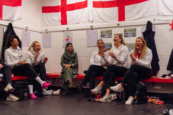 Malala meets the Vitality Roses after the second game with Jamaica