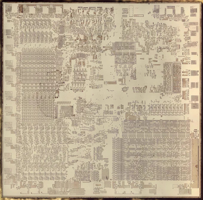 A detailed die photo of the 8086 microprocessor. The metal layer has been removed to show the silicon underneath.