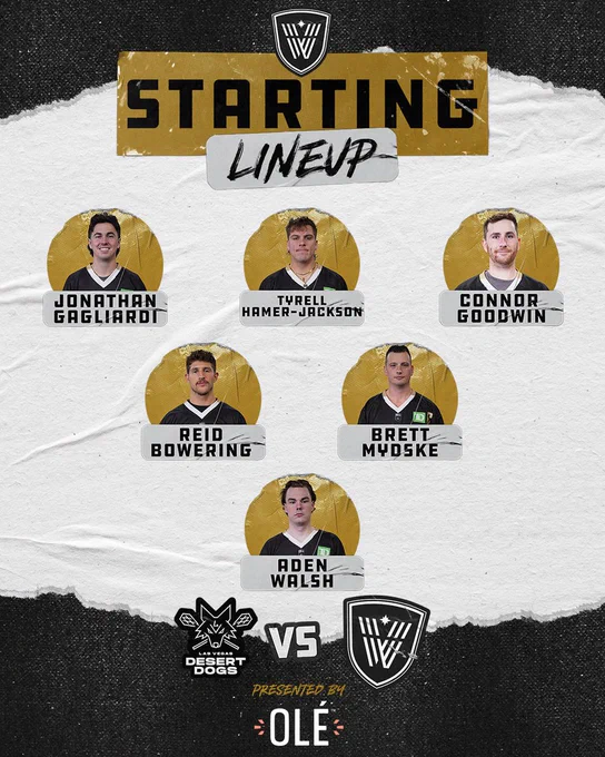 Starting Lineup graphic featuring Jonathan Gagliardi, Tyrell Hamer-Jackson, Connor Goodwin, Reid Bowering, Brett Mydske, and Aden Walsh. Vegas Desert Dogs vs Vancouver Warriors presented by Ole