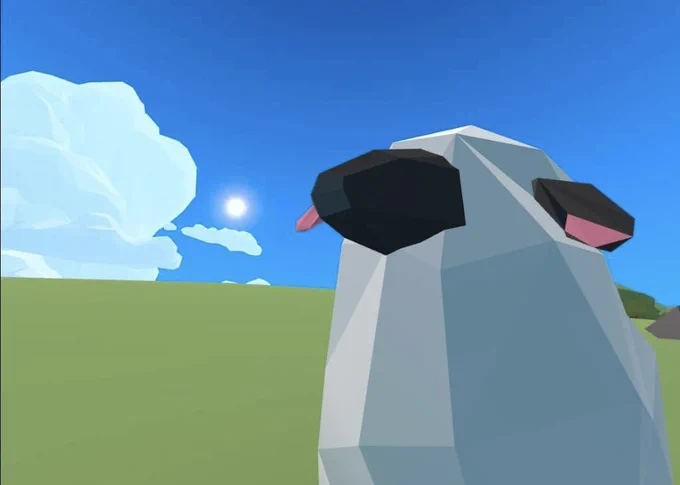 A polygonic sheep friend standing on a hill sticking its tongue out in the sun