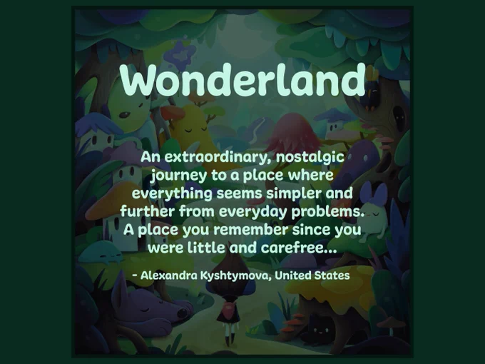 A still image of a painting called Wonderland and the description from Illustrated.