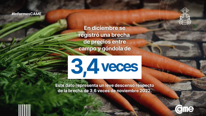 📣 IPOD: en diciembre se registró una brecha de precios entre campo y góndola de 3,4 veces. Este dato representa un leve descenso respecto de la brecha de 3,6 veces de noviembre 2022.