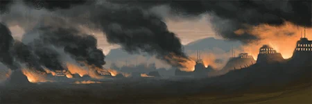 a landscape shot of a small settlement in flames, great swathes of smoke rising to the sky