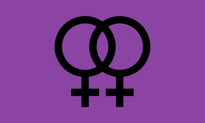 A rectangular violet flag with a black double venus symbol in the middle.