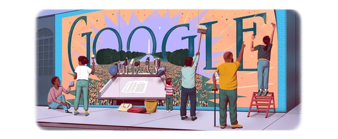 Illustration of six community members of varying ages and ethnicities crafting a wall mural. In the foreground and center of the mural is a grey podium with multiple microphones and sheets of paper. The podium faces a large crowd of people, with green trees and the Washington Monument in the horizon. Spread across the background of the mural scene are large letters spelling "GOOGLE."