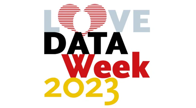 Logo der Love Data Week 2023 Germany. Schriftzug "Love Data Week 2023" in Schwarz-Rot-Gold.