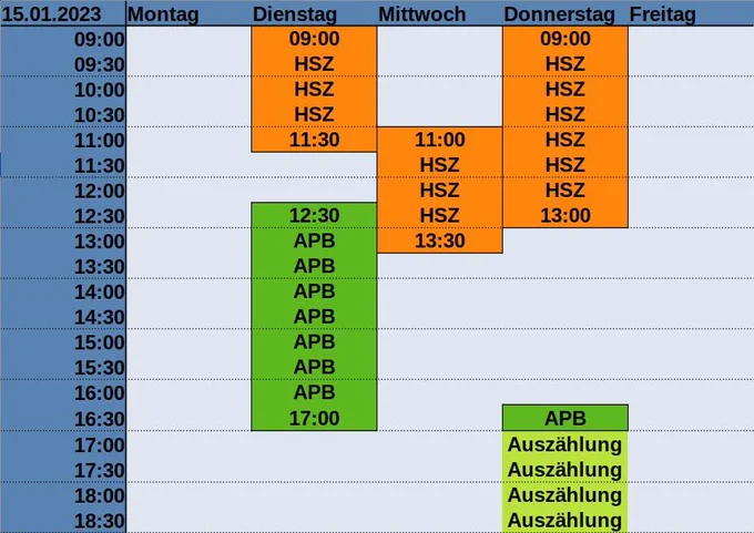 Wahlzeiten: Dienstag von 9:00 bis 11:30 Uhr im HSZ sowie von 12:30 Uhr bis 17:00 im APB. Außerdem am Mittwoch von 11:00 bis 13:30 Uhr im HSZ, und am Donnerstag von 9:00 bis 13:00 im HSZ. Außerdem nochmal für eine halbe Stunde von 16:30 Uhr bis 17:00 im APB.