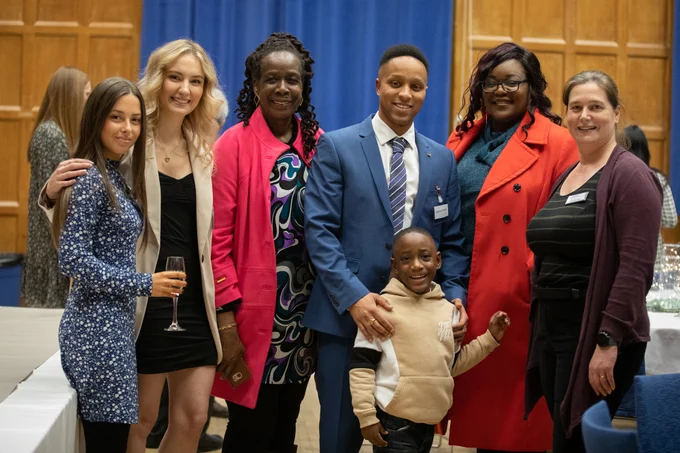 Prize winners, family members and lecturers pose for a photo at the Prize Giving ceremony in Firth Hall, the University of Sheffield