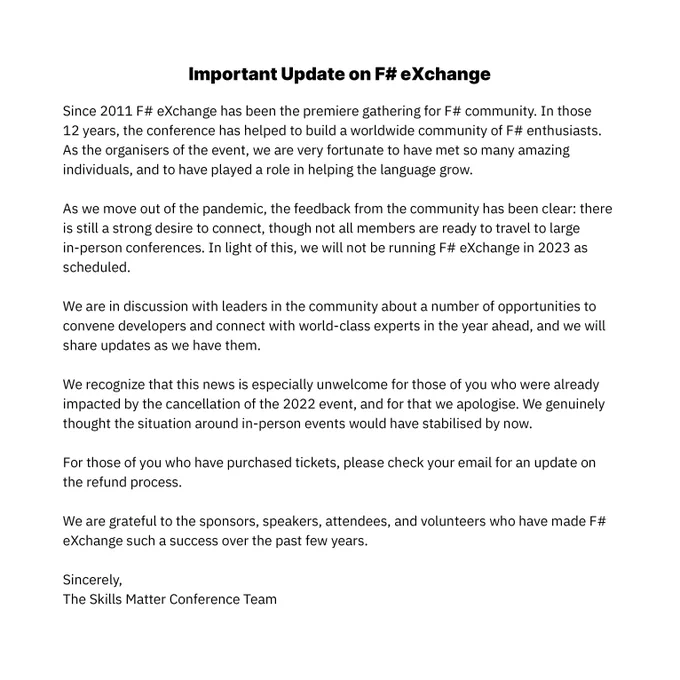 This statement outlines the cancellation of F# eXchange. For a full alt-text of it, please visit https://events.skillsmatter.com/fsharp2023