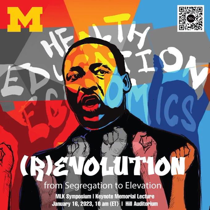 Drawing of MLK over a multicolored background with raised fists in different skin tones at the bottom