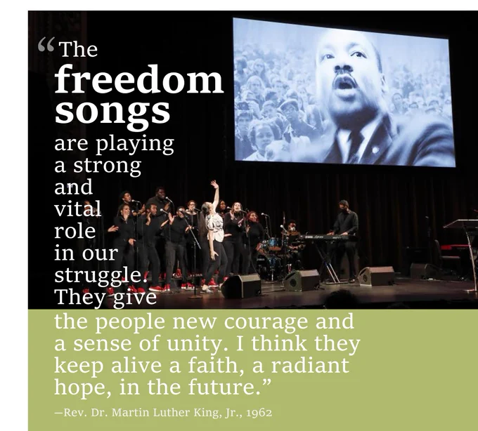 A large-font quote from MLK about the power of freedom songs (protest music) in the civil rights movement, superimposed over an image of the Sing Harlem Choir onstage at BAM at the 36th Annual Tribute to Dr. Martin Luther King.