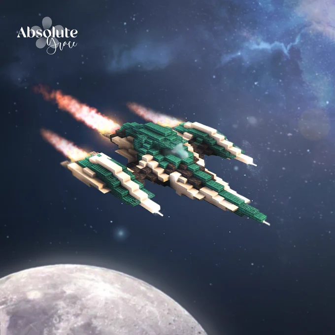 A rocket ship Minecraft build flying in Space.