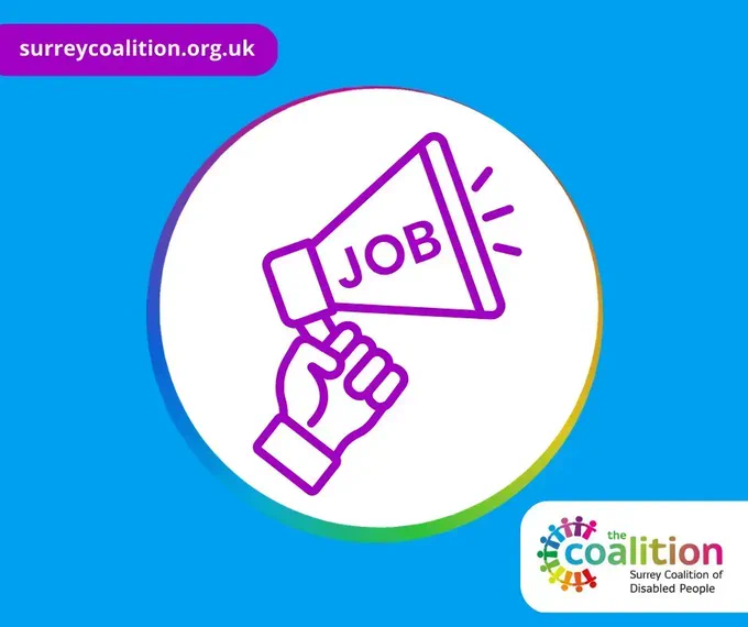 bright blue background with a white circle in the centre, the outline of the circle is a rainbow pattern. Then in the circle is a drawing of a hand and megaphone with the word 'job' in it, all in the colour purple