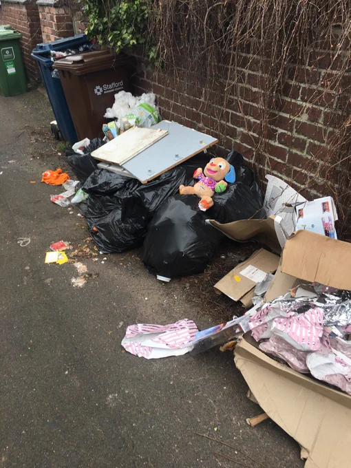 bags of rubbish with toys in left on a street