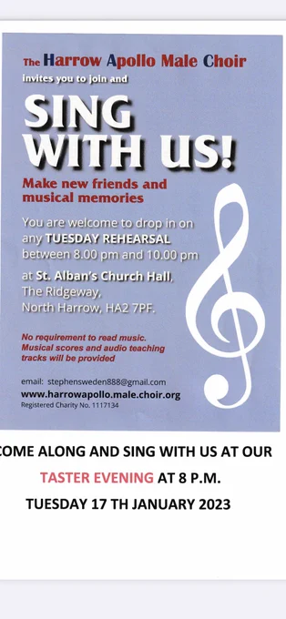 A poster with a purple background and a music sign in white.  Plus all the information in the original tweet, as well as inviting everyone to any of our rehearsals on any Tuesday at St. Albans Church hall, North Harrow, the ridgeway, HA2 7PF.