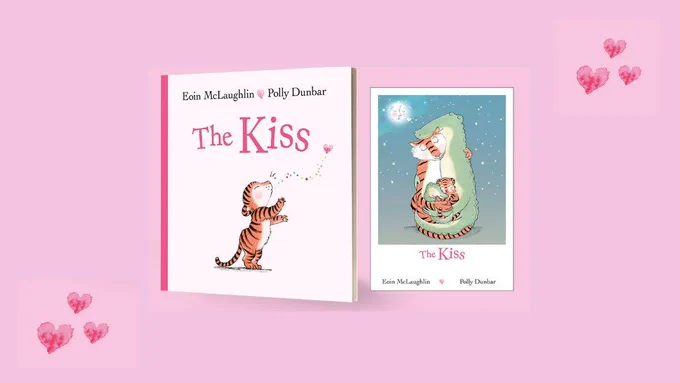 The front cover of The Kiss plus the signed print you could win, featuring an adult and baby crocodile and adult and baby tiger all cuddling against a starry sky