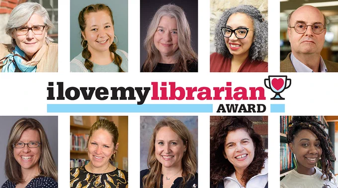 A composite image of ten individual photographs of the 2023 I Love My Librarian Award honorees. In the middle of the image is the I Love My Librarian Award logo.