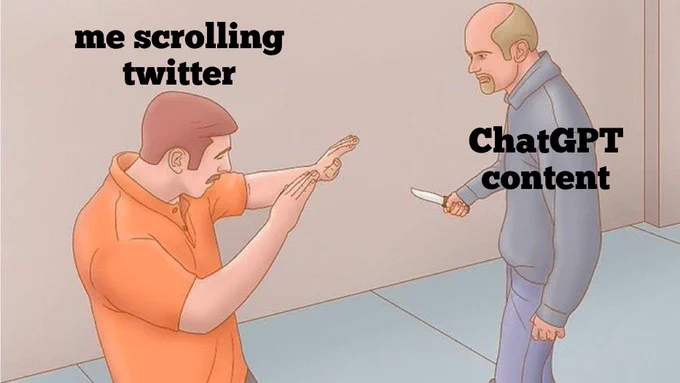 Man cowering. Text, me scrolling twitter. Man with a knife. Text, ChatGPT content