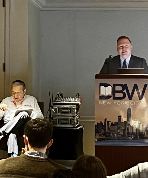 Mark Gross, President, Data Conversion Laboratory, and Greg Cram, Associate General Counsel and Director of Information Policy, New York Public Library, at Digital Book World in New York City, January 17, 2023