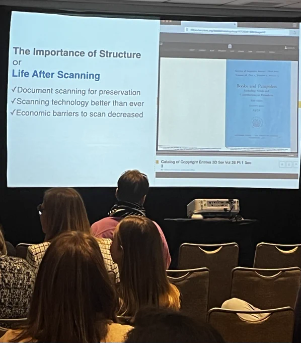 "The Importance of Structure, or Life After Scanning" slide on the screen during NYPL's and DCL's presentation at Digital Book World