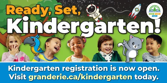 Text: Ready, set, Kindergarten! Kindergarten registration is now open. Visit granderie.ca/kindergarten today 