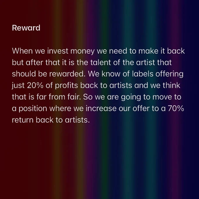 Reward

When we invest money we need to make it back but after that it is the talent of the artist that should be rewarded. We know of labels offering just 20% of profits back to artists and we think that is far from fair. So we are going to move to a position where we increase our offer to a 70% return back to artists.