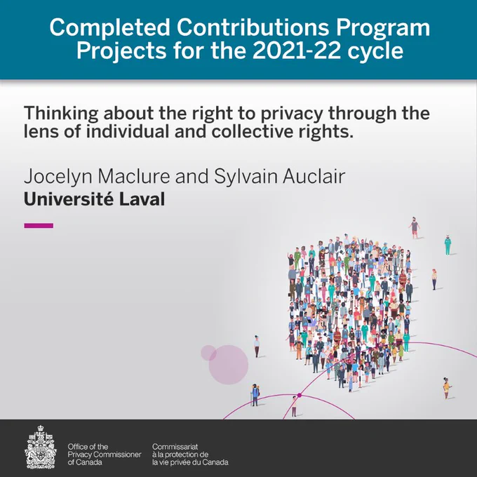 Completed Contributions Program Projects for the 2021-22 cycle: Thinking about the right to privacy through the lens of individual and collective rights. Jocelyn Maclure and Sylvain Auclair from Université Laval.