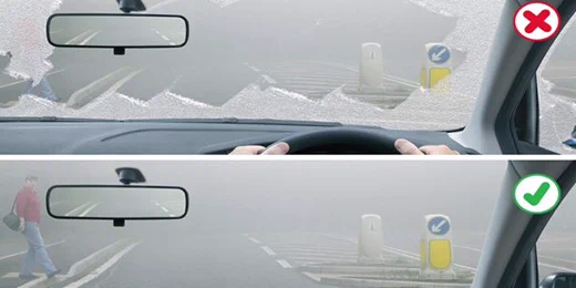 Picture of dangerous icy windscreen compared to a clear demisted windscreen