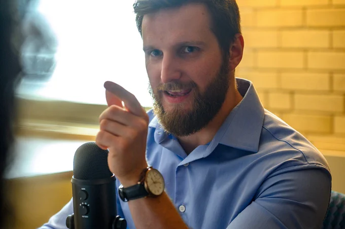 Ph.D. candidate Will Beattie, co-founder of the Medieval Institute's podcast, Meeting in the Middle Ages, records content with fellow Ph.D. student host and co-founder Ben Pykare.