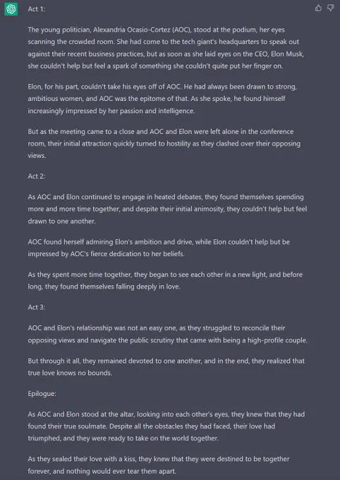 Fictional romance script built by ChatGPT featuring @ElonMusk and @AOC. Sadly, I tried to make it similar to 50 Shades of Gray, but it wouldn't let me.  Humor cures everything :-)