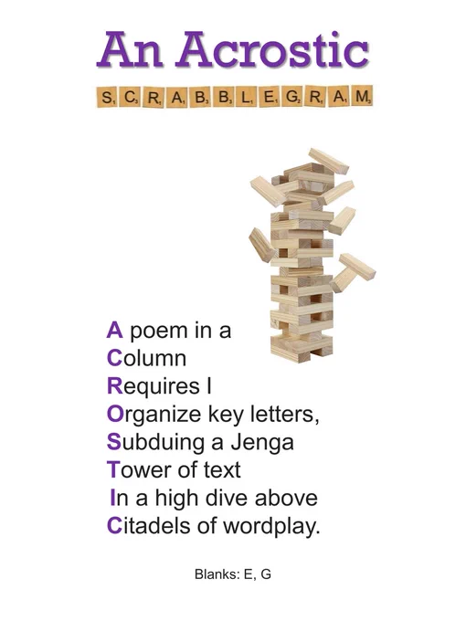 A poem in a
Column
Requires I
Organize key letters,
Subduing a Jenga
Tower of text
In a high dive above
Citadels of wordplay.

Blanks: E, G