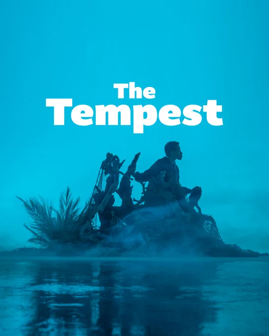 A young man sits on an island, surrounded by water and mist. Text reads: The Tempest.