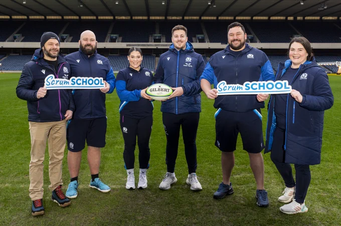Elliann Clarke and Murphy Walker with Scottish Rugby staff during Scrum School launch.
