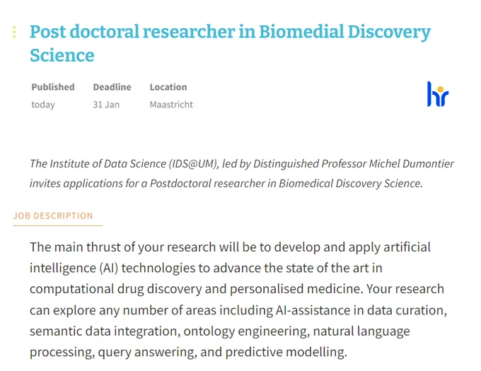 Vacancy for a Postdoctoral researcher in Biomedical Discovery Science for the Institute of Data Science at Maastricht University