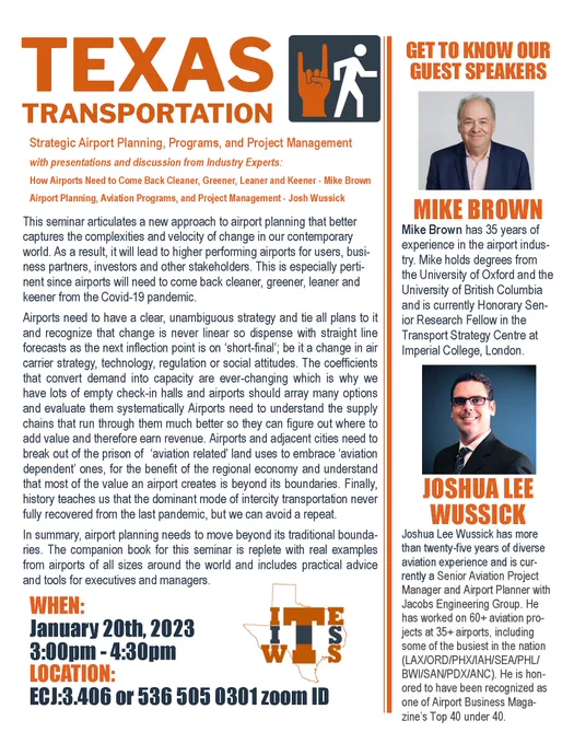 Flyer for Texas Transportation seminar with brief description of the topic and the two speakers. Seminar will be held on January 20, 2023, 3-4:30, both in person in ECJ 3.406 and on Zoom using code 536 505 0301