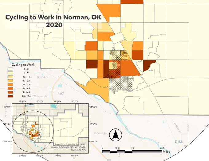 A map of Norman, Oklahoma city limits showing the census block level data of the number of individuals who cycle to work.