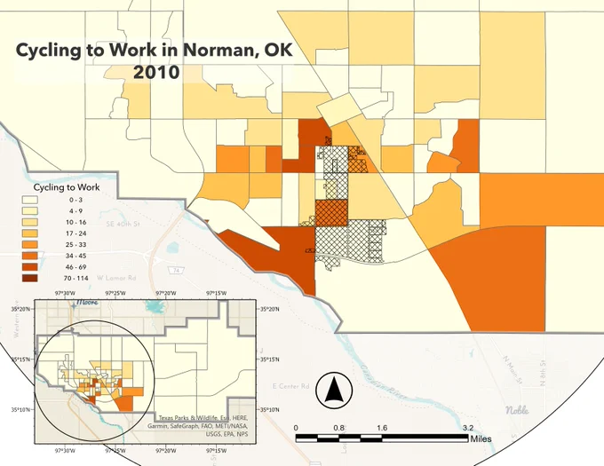 Census block level data for Norman, Oklahoma city limits showing the number of people cycling to work in 2010.