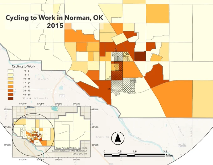 Census block level data for Norman, Oklahoma city limits showing the number of people cycling to work in 2015.