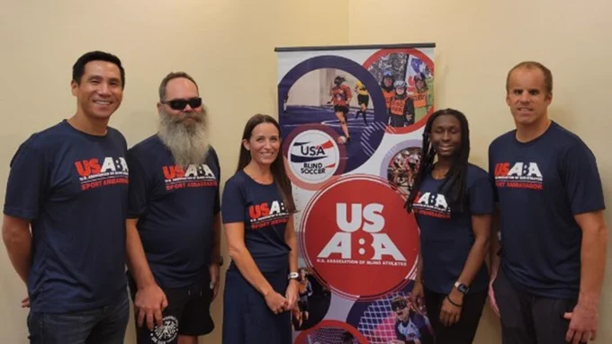 2022 USABA Sport Ambassadors Bryan Lam, Rob Sanchas, Shannon Houlihan, Jasmine Murrell and Kyle Coon at the Philadelphia Distance Run.