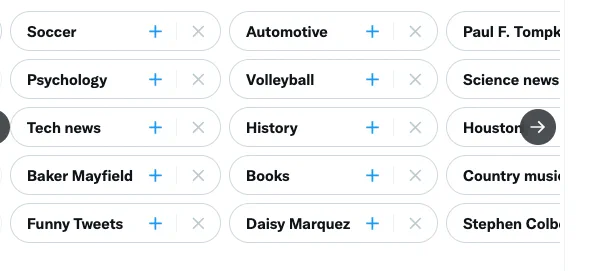 A list of topics Twitter thinks I'm interested in, including "Tech news" and "Country music"